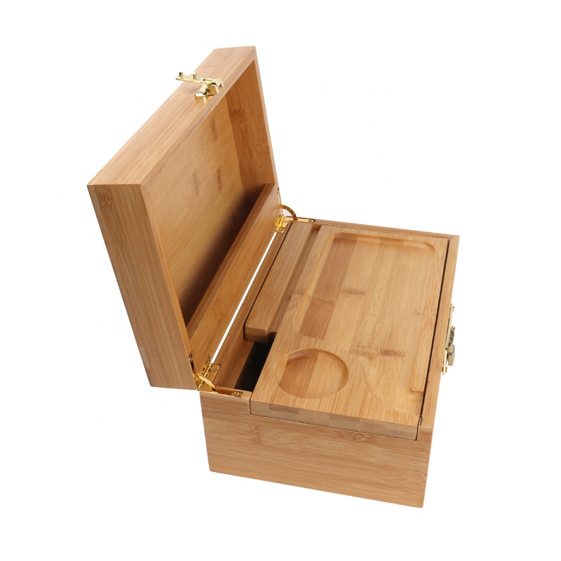 Bamboo Stash Box Bundle with Rolling Tray Storage Set and Lock, Locking Stash Box and Full Set of Tools