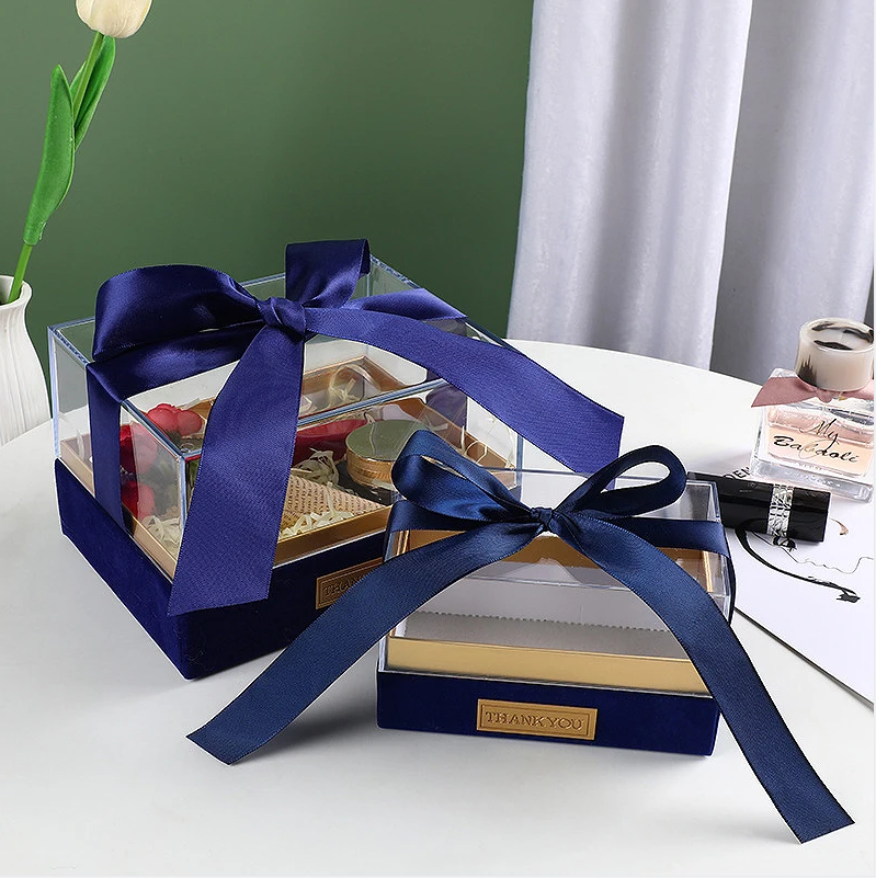 Paper Gift Packing Box with Ribbon Custom Acrylic Cover Lid Transparent Chocolate Box