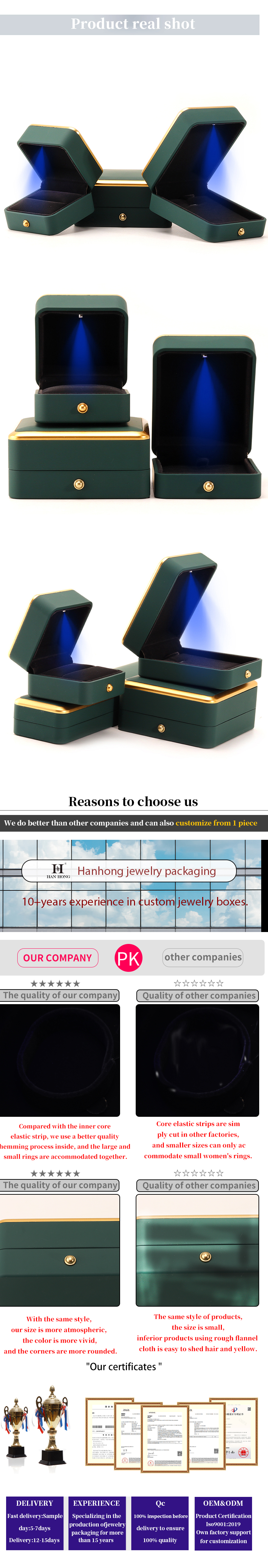 Square Green LED Jewelry Box for Luxury Packaging of Necklaces and Rings Customizable