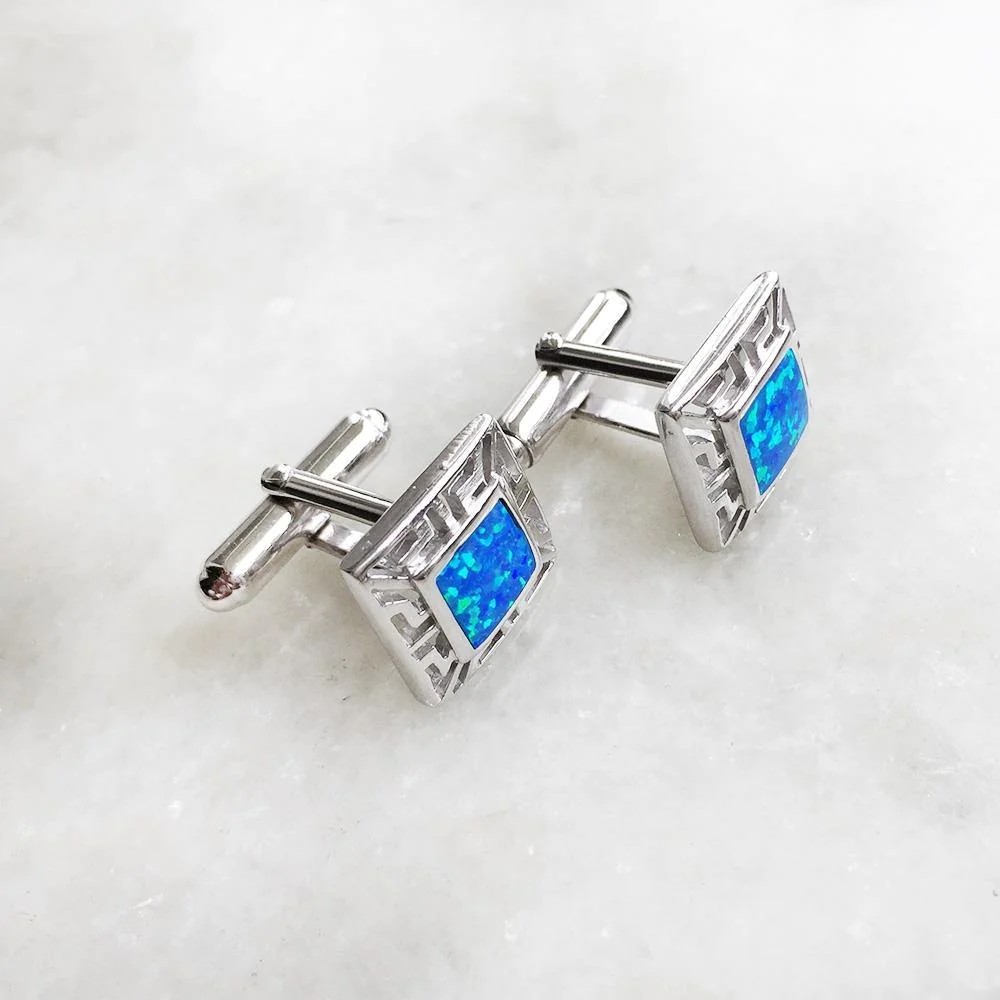 925 With Sterling Silver Greek Bule Opal Meander And Emerald Square Cufflink Earrings