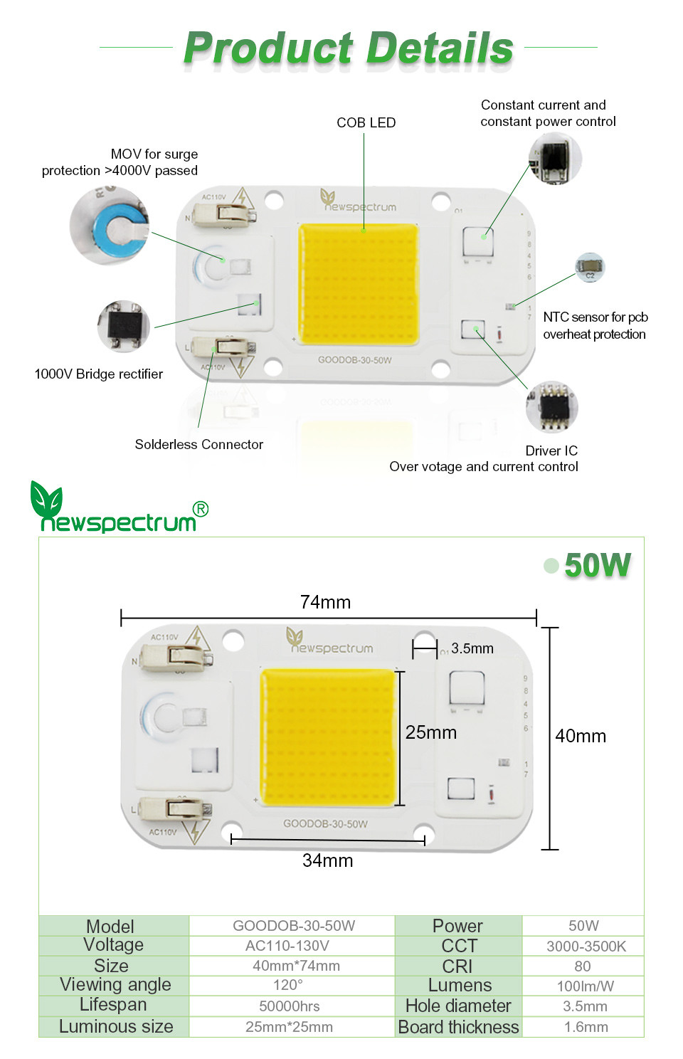 No Flicker Cob Led 50w Chip Warm White No Welding For Greenhouse Lights
