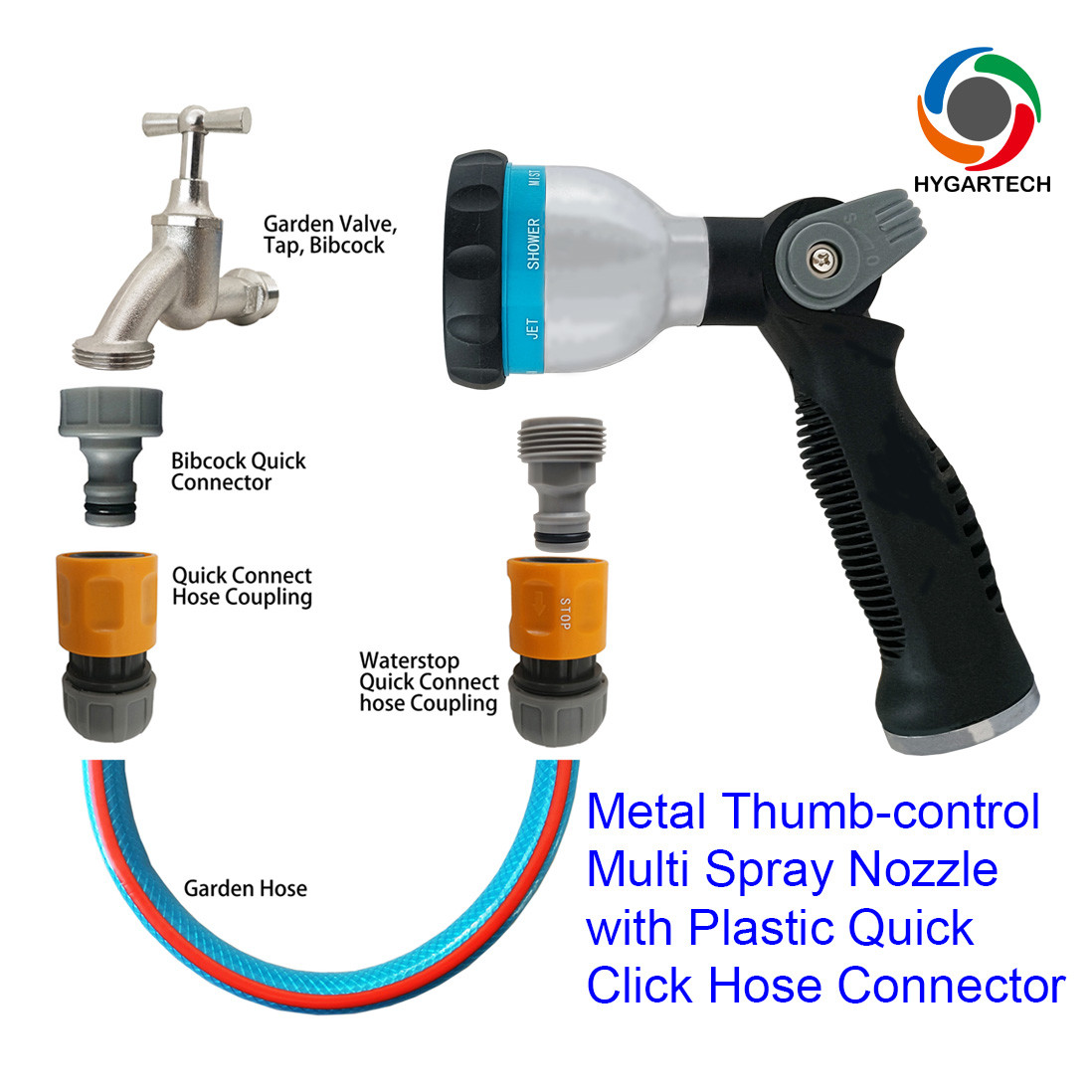 Metal 8 Modes Hose Multi Purpose Spray Nozzle W/ Thumb Control