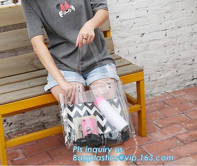 Tote Bags PVC Beach Lash Package Tote Shoulder Bag with Interior Pocket, Waterproof Semi-clear Tote Bags Stripe PVC Shou