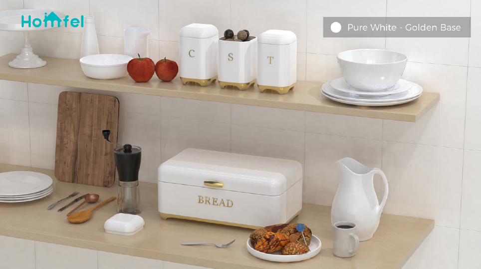 Square Kitchen Storage Bread Containers Crown Series Metal Bread Bin Set For Tea Can And Coffee Can