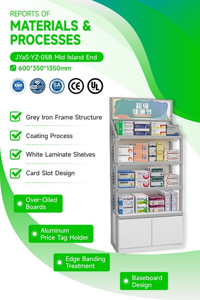 JYaS-YZ-05B High-End Boutique Pharmacy Design Cabinet for Pharmacy Entrance with White Glossy Boards