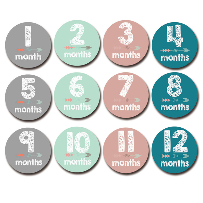 Wooden Baby Monthly Milestone Discs Double Sided Discs Round shaped - Includes 13 Cards with Drawstring Bag
