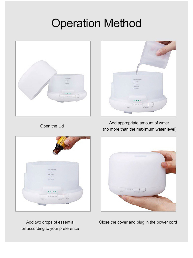 500ml Ultrasonic Aromatherapy Machine Cool Mist Maker Quiet Design Essential Oil Diffuser with Colorful Night Light