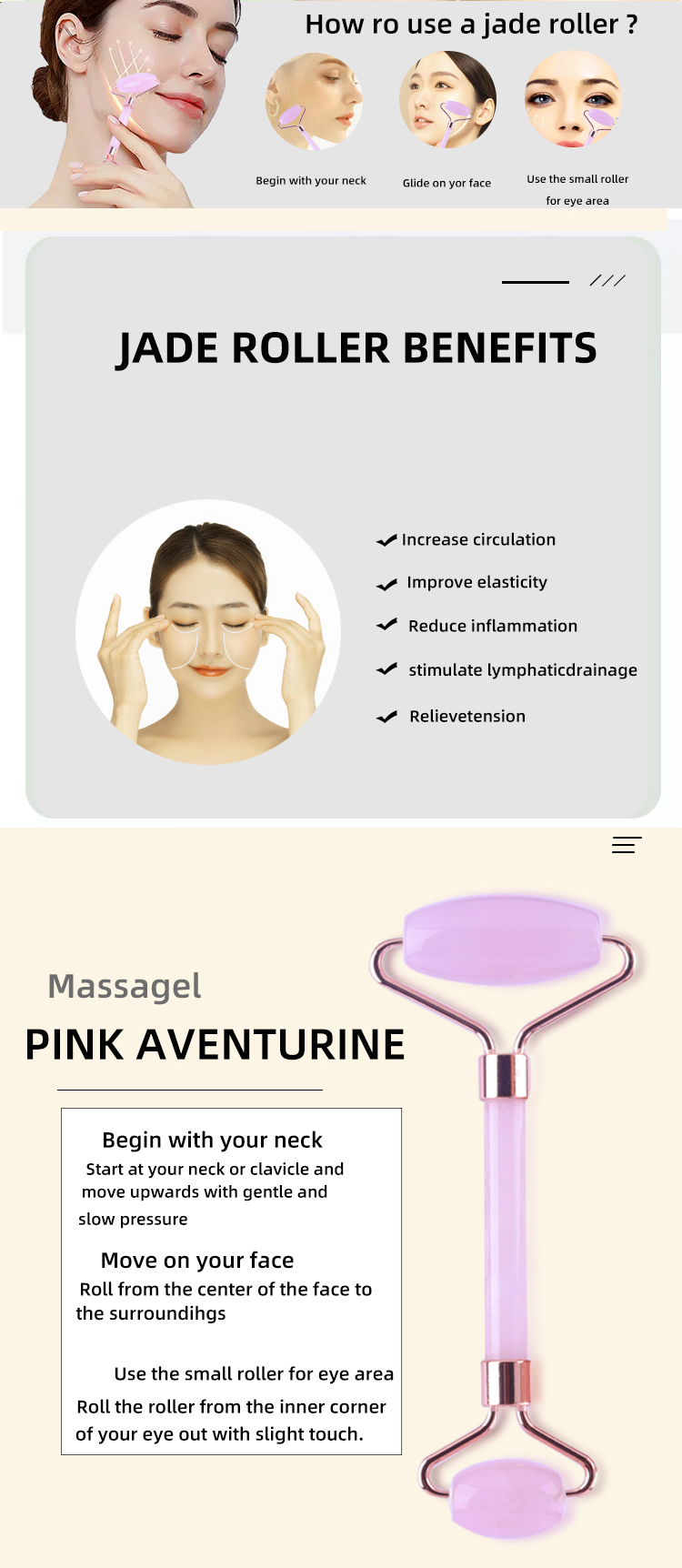 Rose Quartz Crystal Face Jade Roller Anti Aging Logo Customized