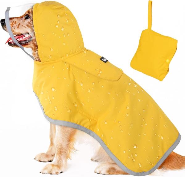 Dog Waterproof Raincoat with Poncho Hoodie, High Reflective Adjustable Yellow