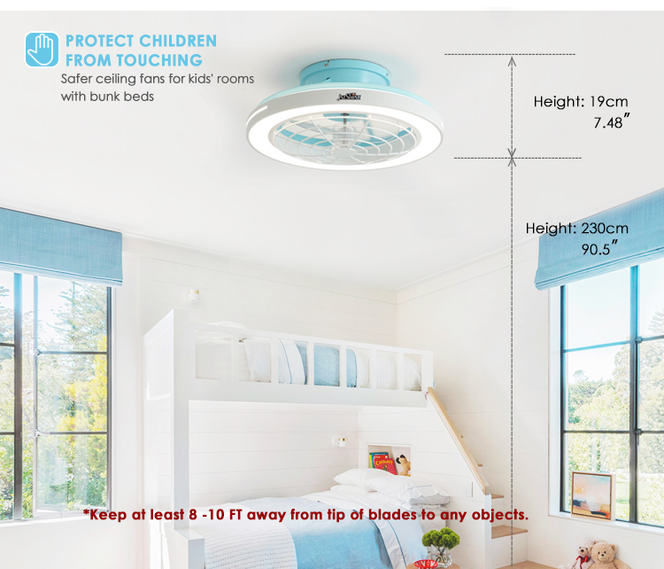 Large Air Flow 20 Inch Blue Finish LED Ceiling Fan for Bedroom Modern Design