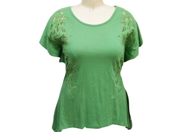 Ladies Short Sleeve T Shirts , Womens Green Shirt Blouse Hollow Embroidery Lace
