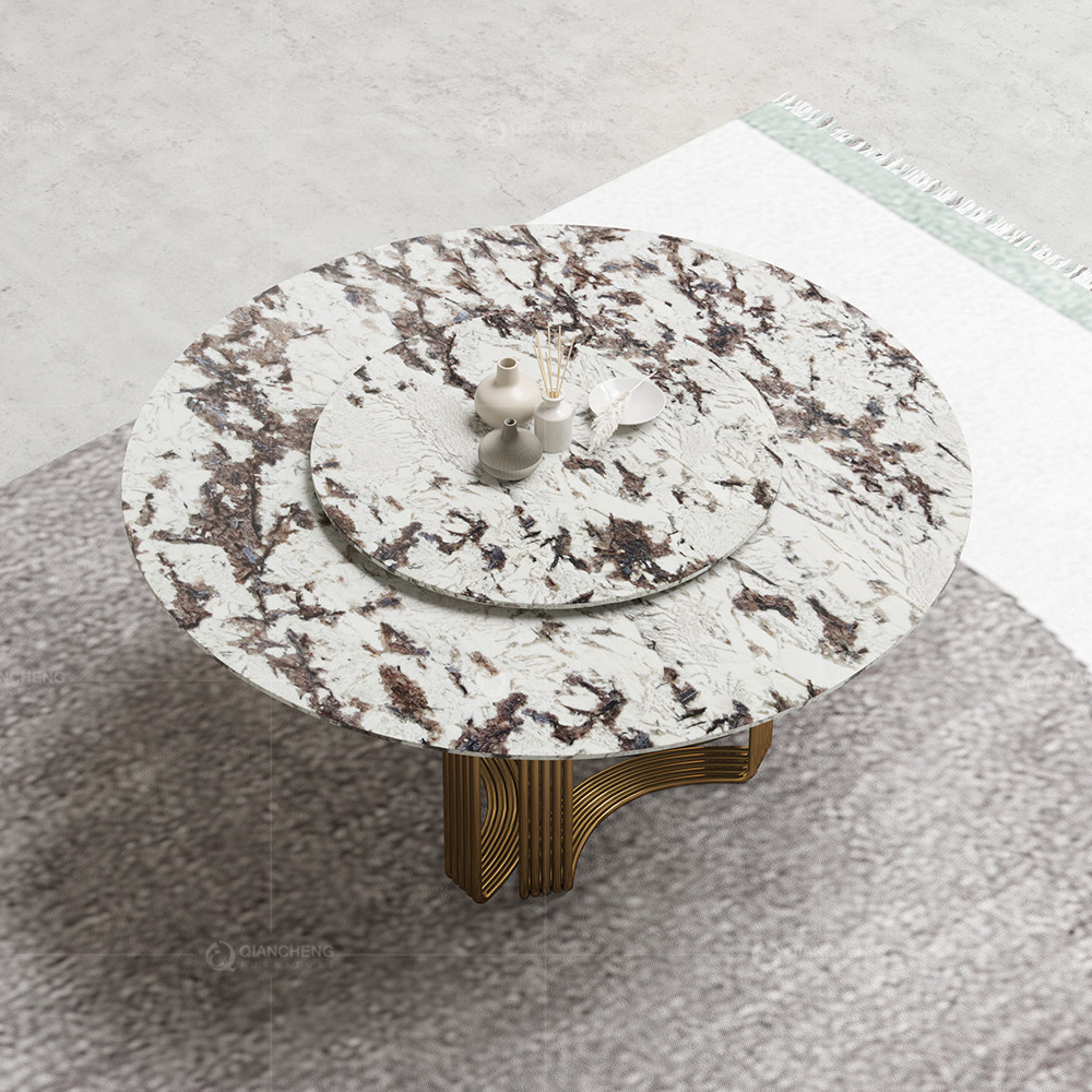 Luxury Round Dining Room Tables With Faux Marble Top Metal Base Brushed Gold