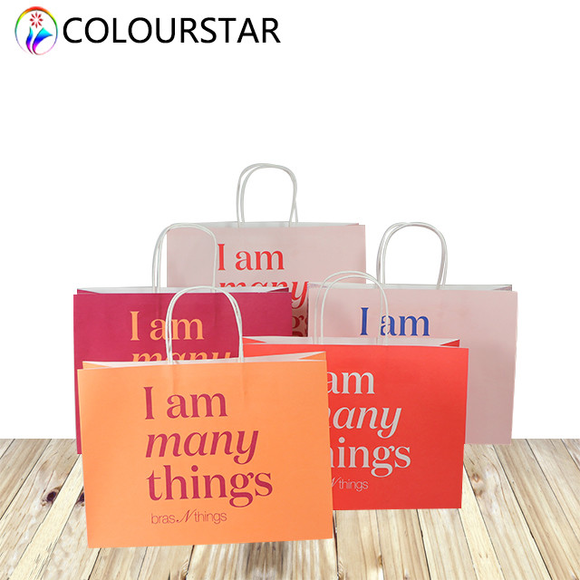 SGS CMYK Kraft Paper Shopping Bag Twisted Handles​ 157gsm With Logo
