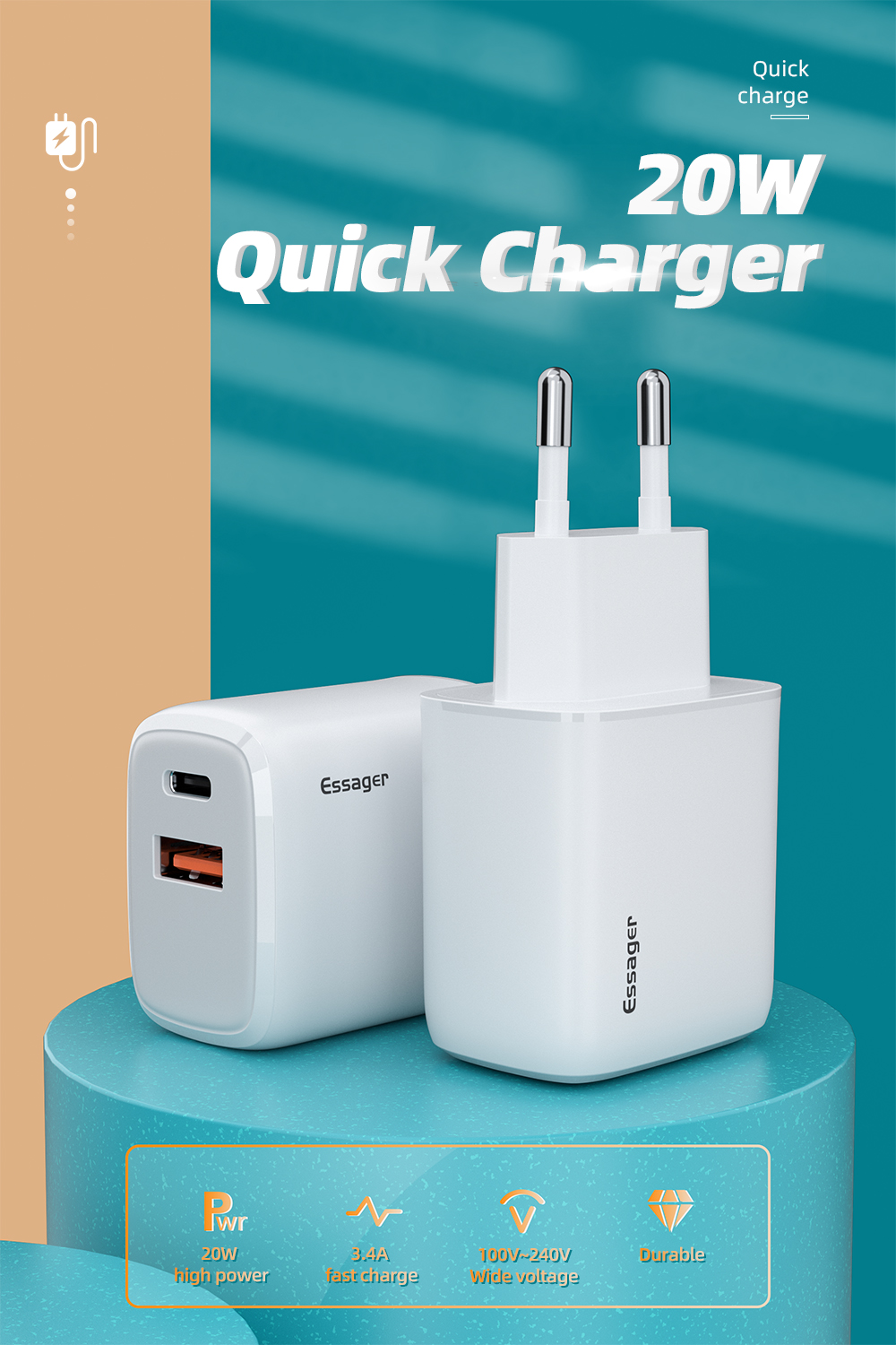Essager 2021 YuRoom PD QC 20W Mobile Chargers USB Type C Charger Cable USB 100-240V PD Wall Charger
