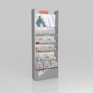  Retail Display Stand Grey Oiled Wooden Board Skincare Back Cabinet With Light Box For Branded Store Fixtures And Premium Shop Interior Design Manufactures