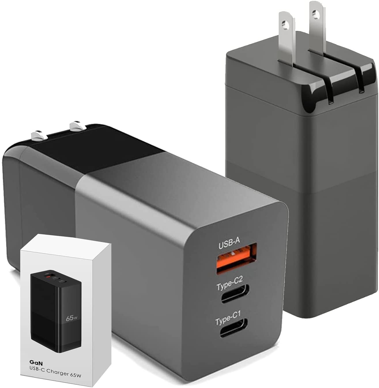 GaN 3 Port USB C Charger 65W PD 3.0 Wall Charger Block Adapter Compatible With IPhone 12