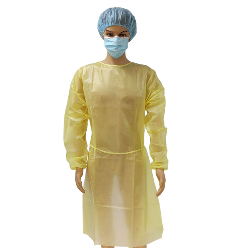 OEM S&J Premium Non woven PP PE Hospital Medical Disposable Isolation Gowns AAMI Level 2/3/4 with Elastic Cuffs Yellow C