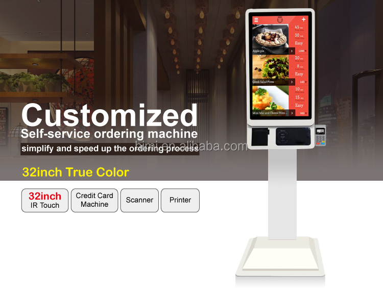 Self-service Kiosk 32 inch Wall Mount Touch Screen with 80mm Printer QR Barcode Scanner