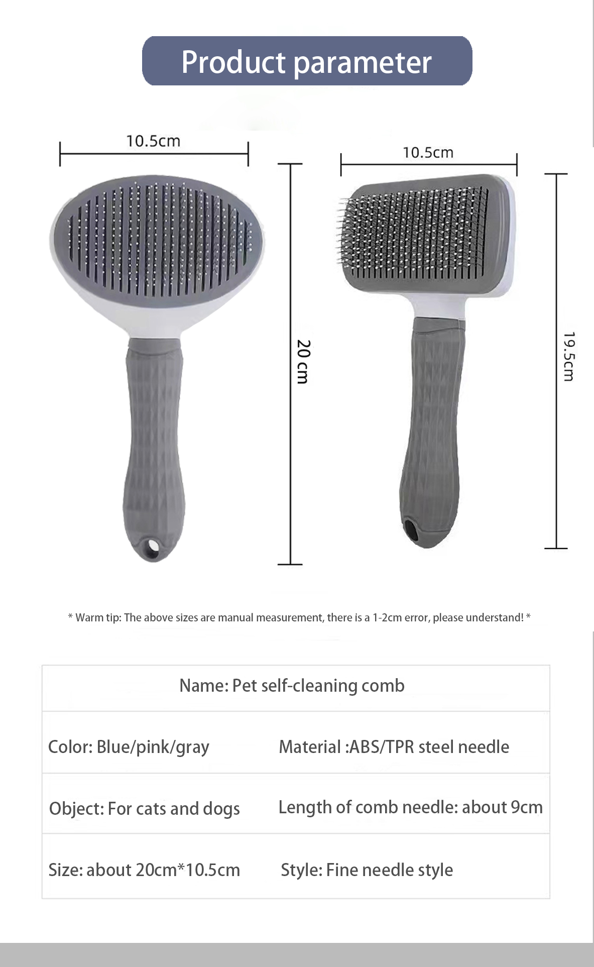 Pet Hair Remover Comb Portable Self Cleaning Slicker Brush Cats Dogs Reusable