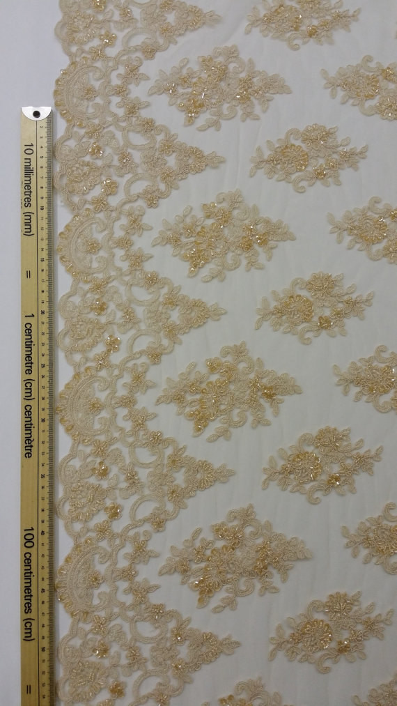 French Stretch Beige Pearl Beaded Wedding Lace Fabric With Scalloped Edge