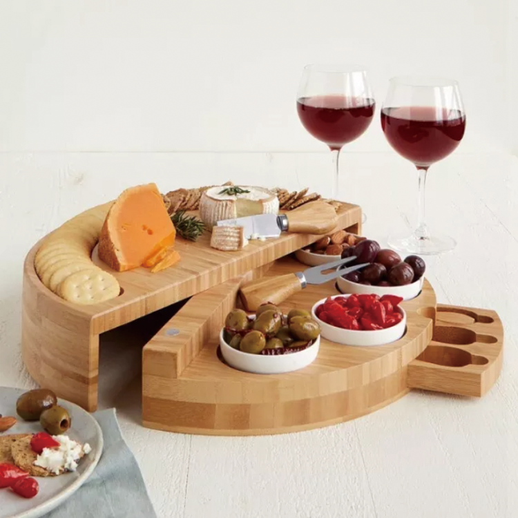 Best Gift Bamboo Tray Multi-function Round Shape Cheese Cutting Board with Knife Set