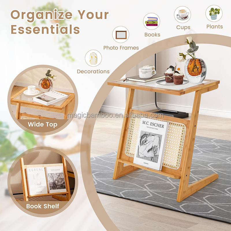 Natural Color Z-Shaped Bamboo And Rattan End Table With Glass Top And Magazine Rack