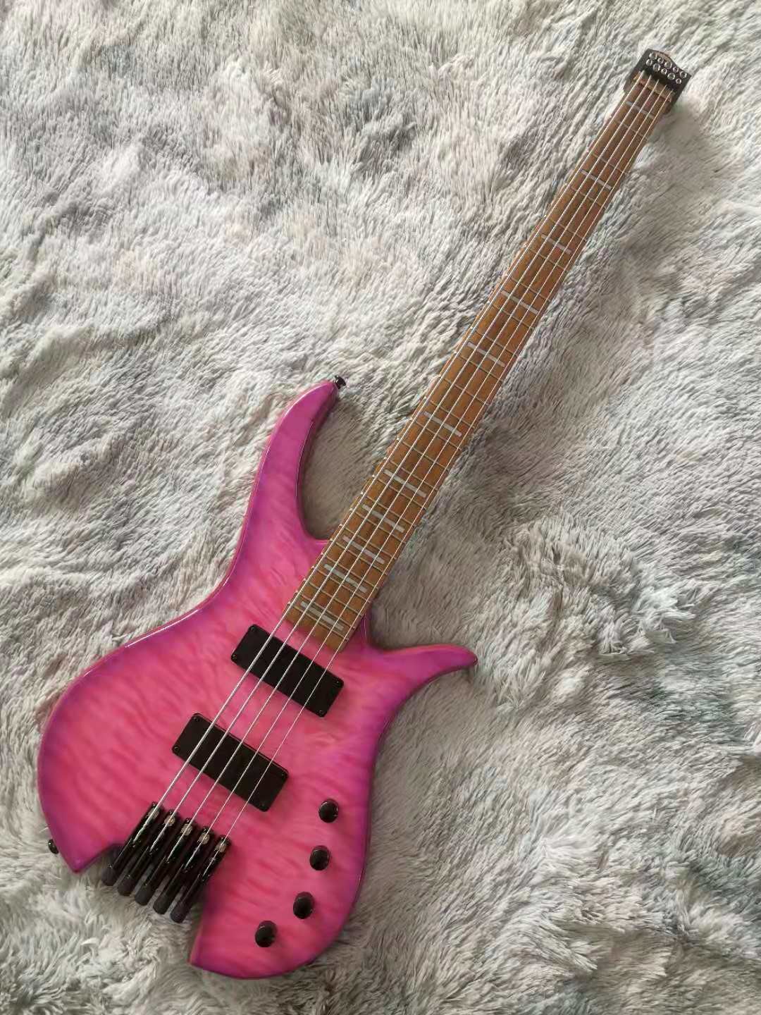 Ash Body Quilted Maple Top 9 Pieces Maple Neck Roasted Maple Fret Headless Bass 5 String Guitar Bass Free Shipping