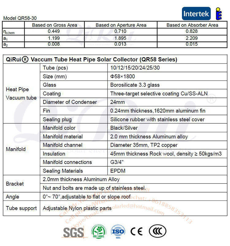 High Efficiency Antifreeze Vacuum Tube Heat Pipe Solar Collector with Solar Keymark for Solar Heating