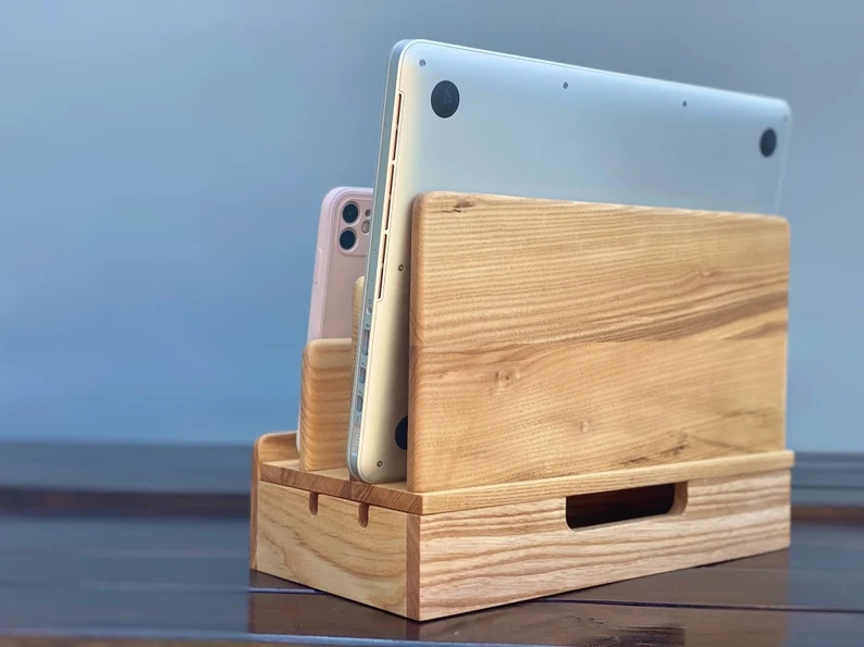 Desk Organizer Gift for men Personalized Wooden Tablet stand Multi Device Organizer for Smartphones Ultimate device storage