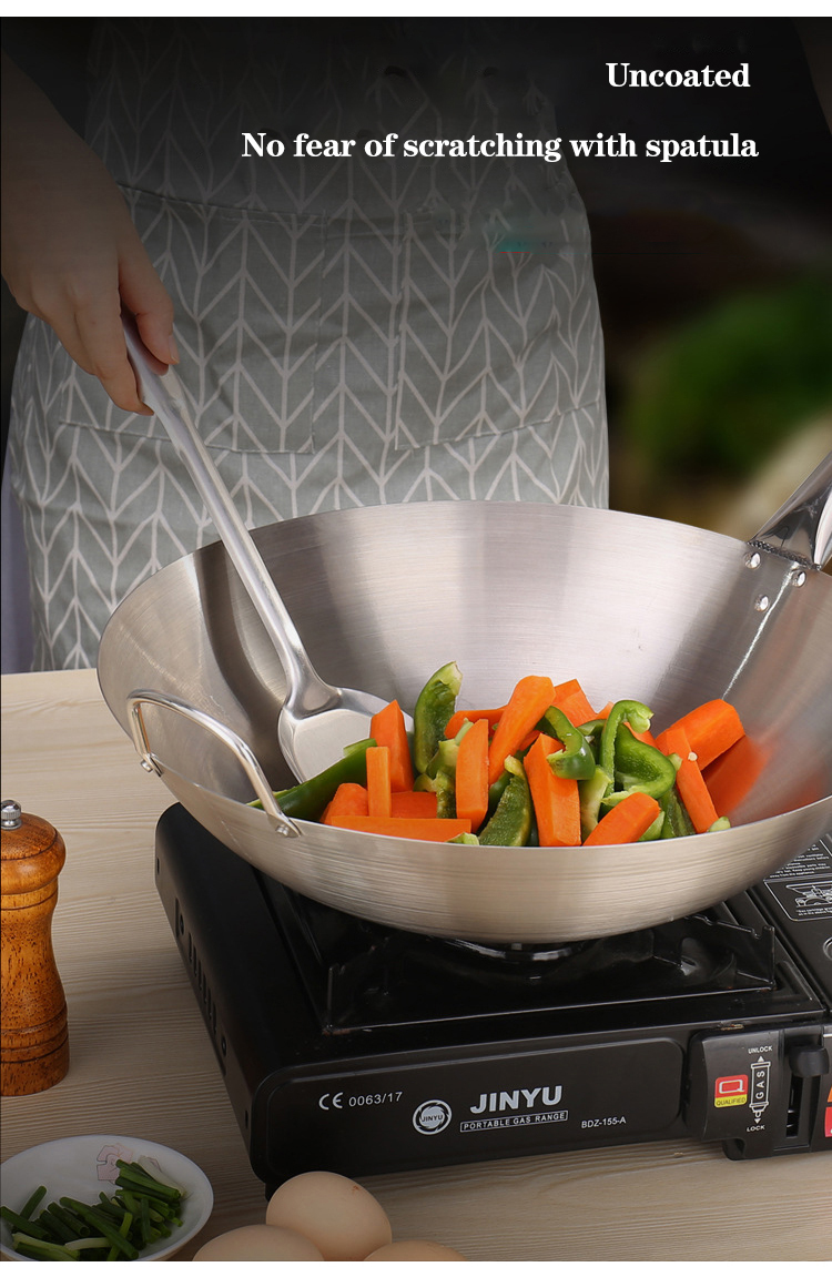 Thickened Stainless Steel Non Stick Chinese Wok Double Ear Non Coating Round Bottom