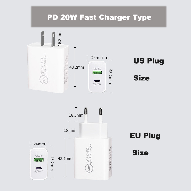 5V 4A QC3.0 Dual USB Plug Adapter PD 20W Quick Charge Plug
