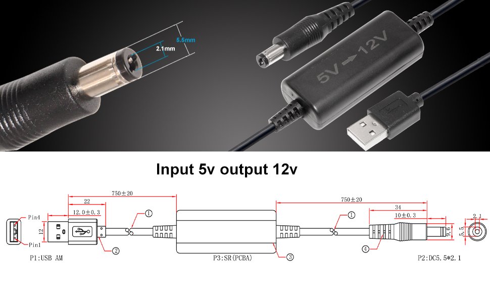 Standard Black 5V To 9V 12V Step Up Cable 2464 24AWG/2C For Camera