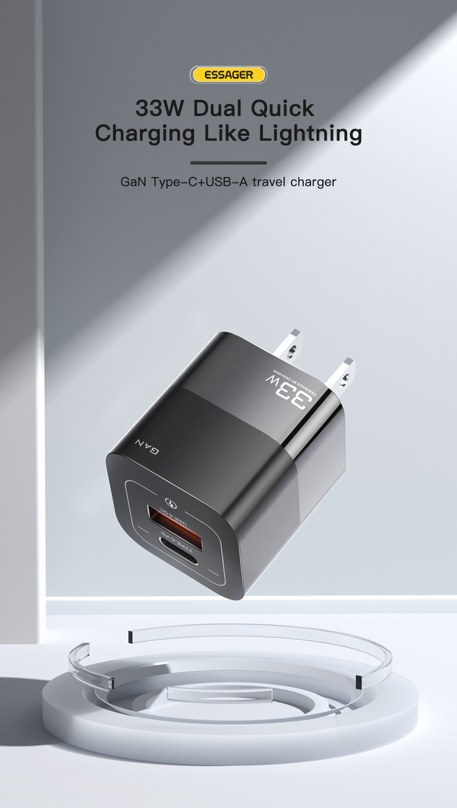 Square Brick Type C Small Travel Fast Cellphone Charger 33w 5A With GaN US Plug USB Port