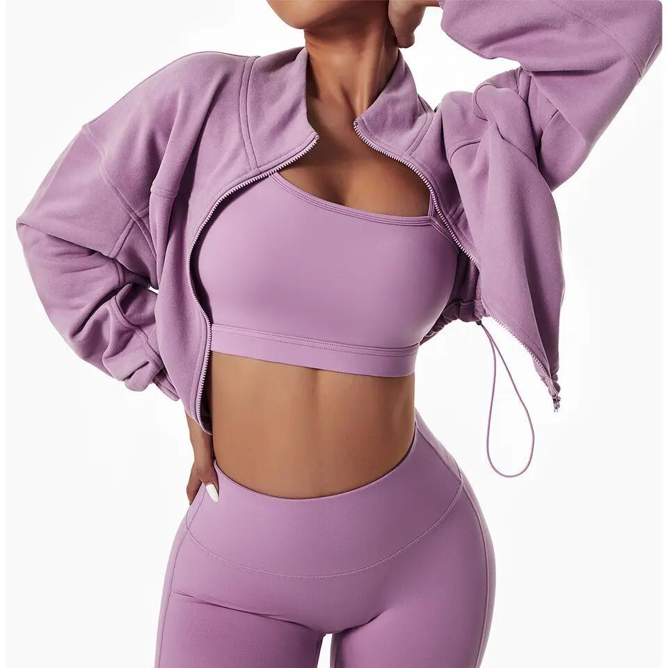 Women&prime;s Sportswear Ladies 2 Piece Set Full Zip up Sweatshirts Crop Fitness Gym Yoga Pants Sets