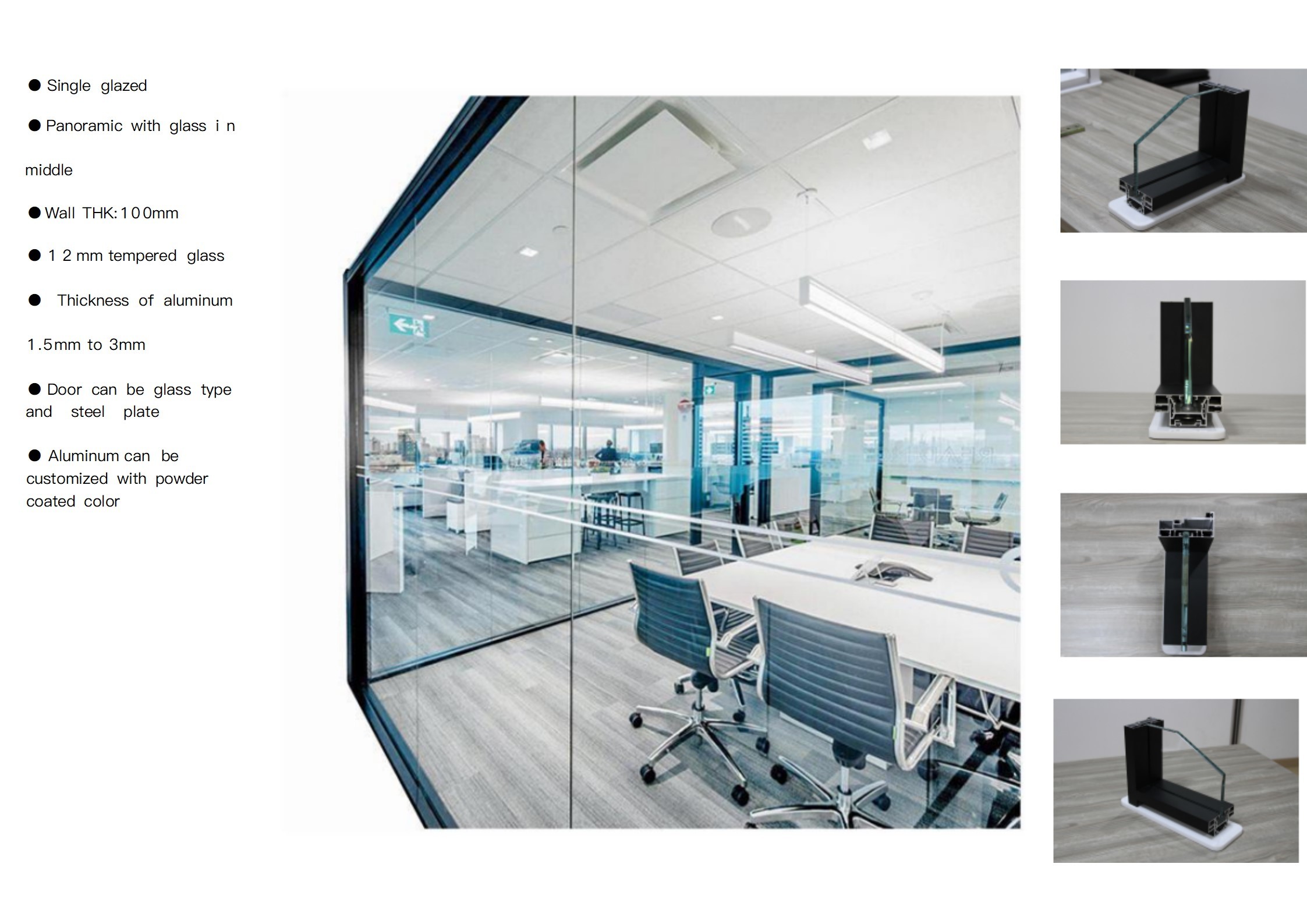 Single Glazed Office Tempered Glass Partition Wall Convenient Operability