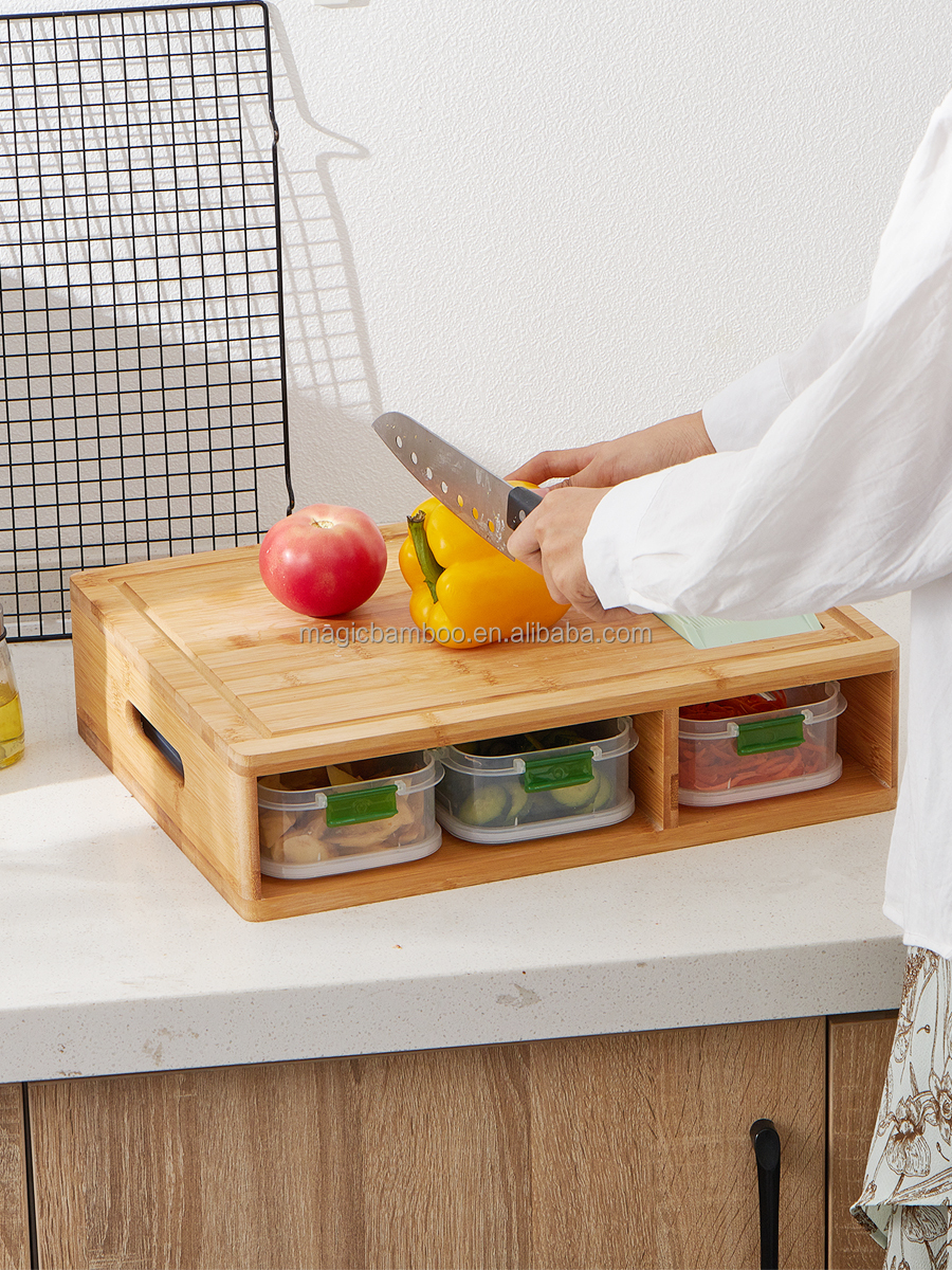 Hotel Bamboo Cutting Board With Containers And Locking Lid And Graters For Home and Bar