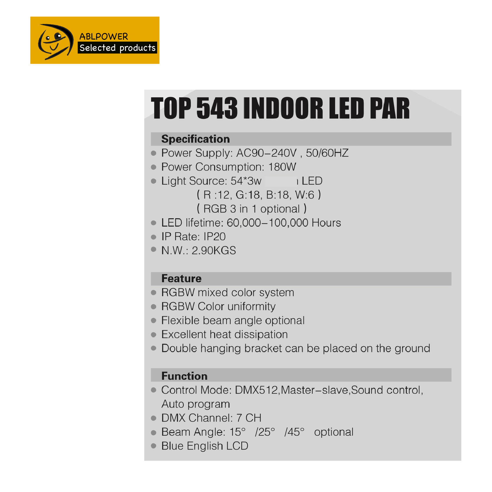 60hz IP20 180W Stage Par Light RGBW Color Mixing