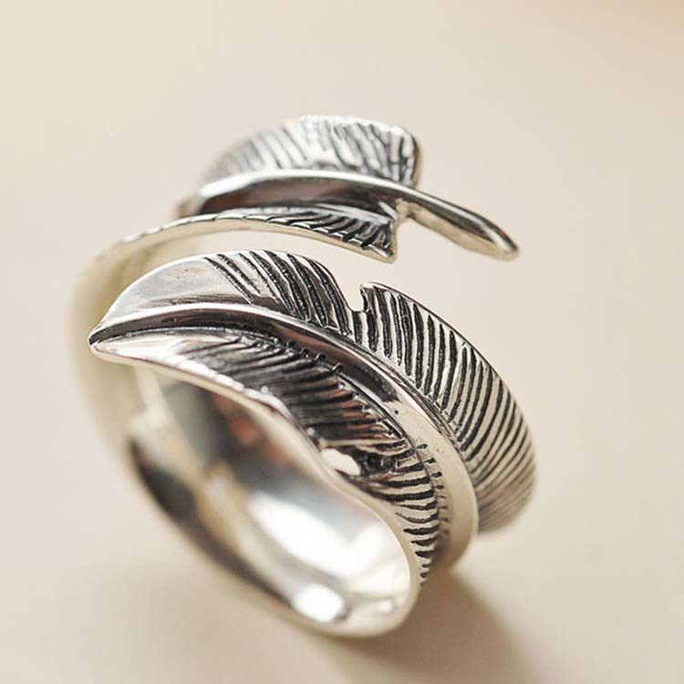 925 Silver Feather Ring Vintage Plume Adjustable Opening Band Ring (011231W)