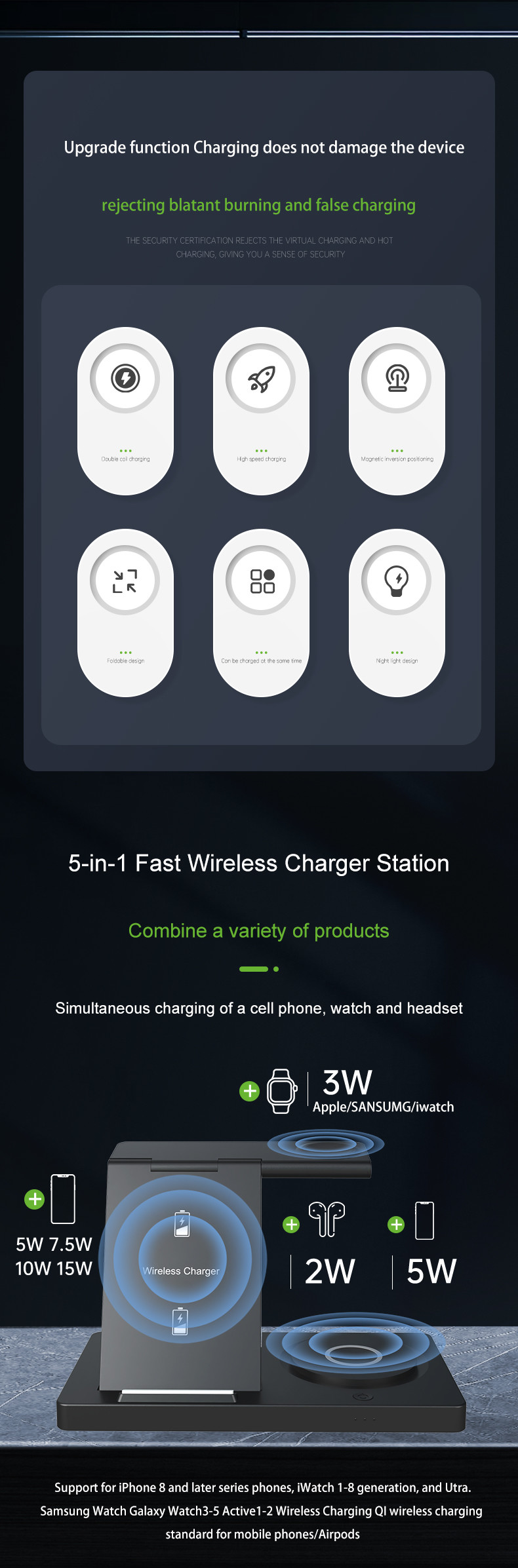 Foldable Wireless Charging Station for Smartphones Earbuds Watches 3W Watch Charging 15W Phone Output Custom