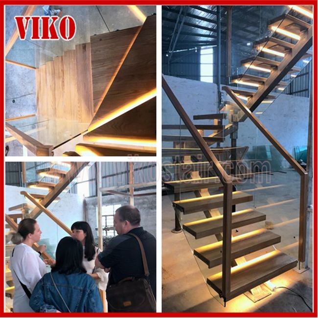 Double Steel Plate Staircase VK56S Tread beech ,Railing tempered glass, Handrail b eech Stringer,carbon
