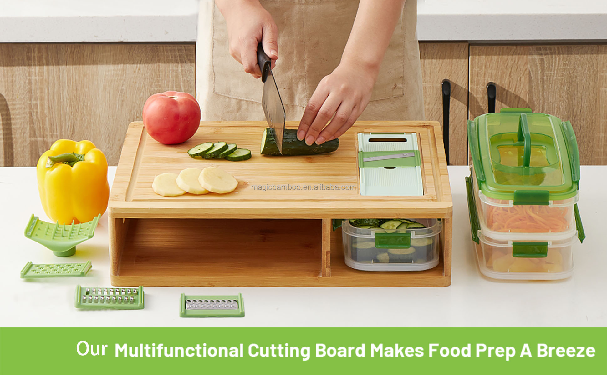 Hotel Bamboo Cutting Board With Containers And Locking Lid And Graters For Home and Bar
