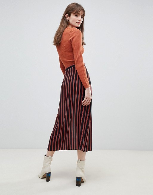 custom made girls fashion contrast buttons stripe midi skirt