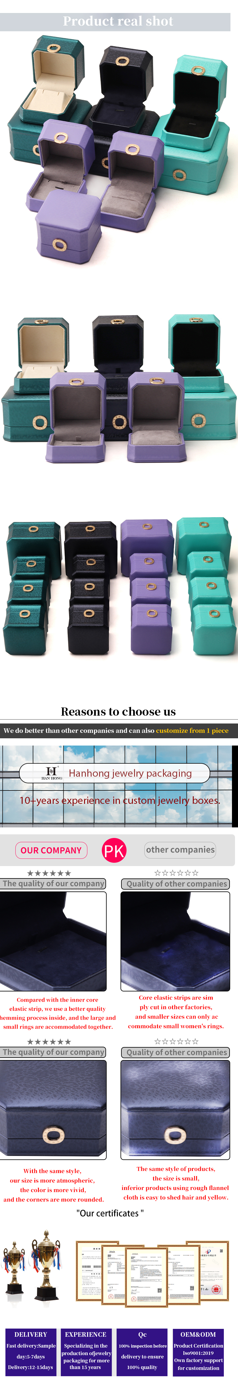 Square Necklace Ring Box with Metal Luxury Leather Jewelry Box Hanhong PU Leather Packaging
