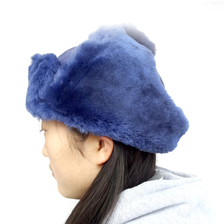 Unisex Top Layer Suede Winter Bomber Hats , Fur Trim Shearling Aviator Hat
