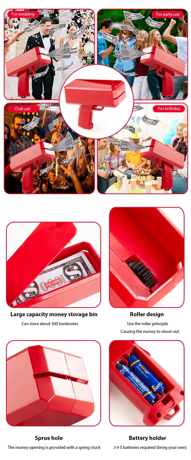 Make it Rain Money Gun Handheld Spray Cash Gun with 100 pcs for Game Movies Party Supplies