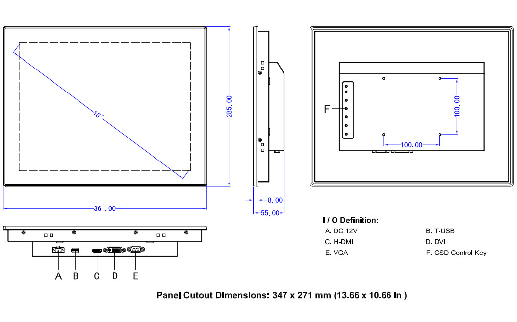 Flat Panel 15in IP65 Industrial Touch Screen Display Monitor Flush Mount
