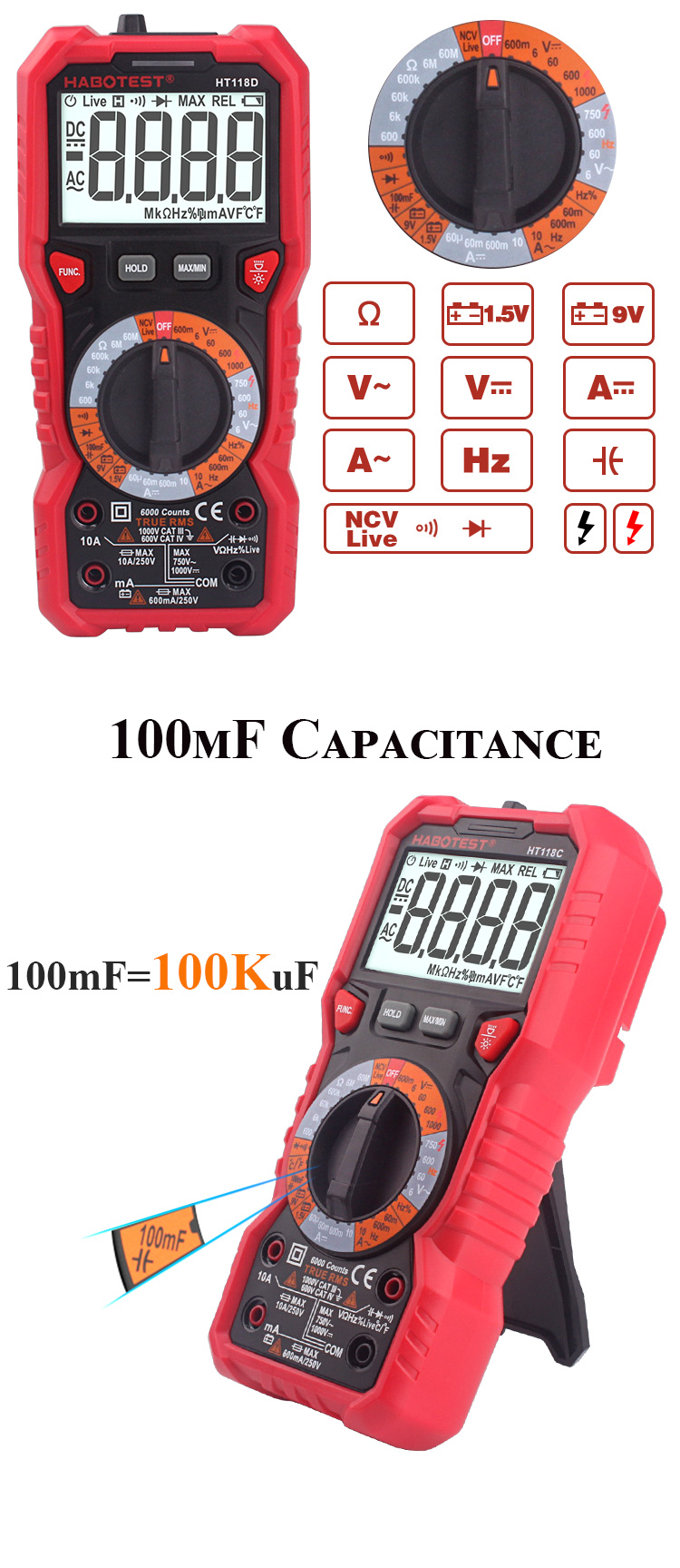 Digital Voltmeter Ammeter Ohmmeter Multimeter Digital Volt AC DC Tester Meter with Capacitance Frequency Temperature Tes