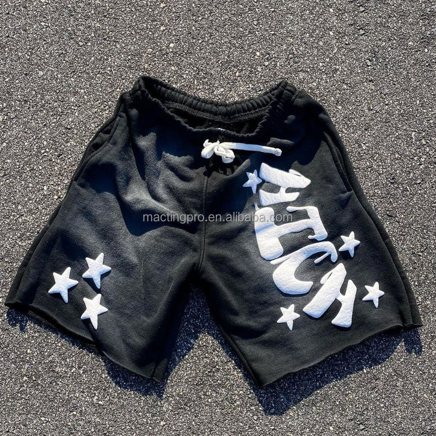 Men's Sun Faded Acid Wash Streetwear Shorts with Raw Hem and Rhinestone Puff Print