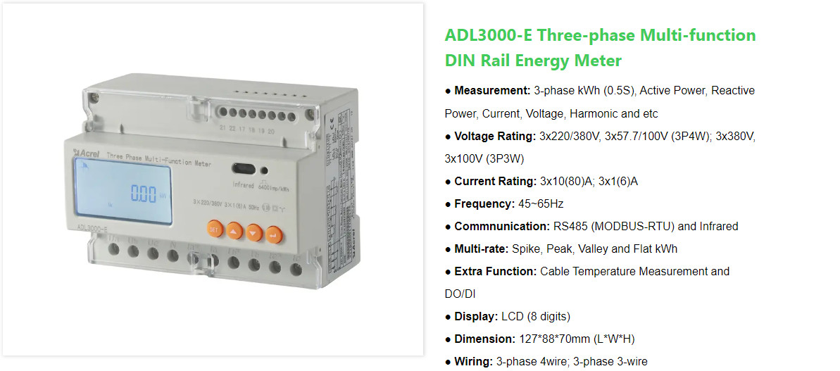 Acrel ADL3000-E Three Phase Energy Meter Measurement Power Consumption Din Rail Rs485 Modbus Power Meter