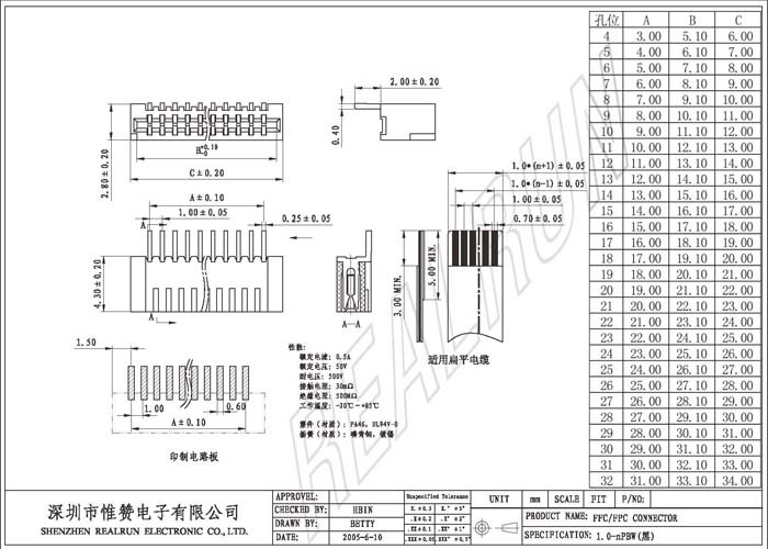 Horizontal Vertical Flexible Printed Circuit Connector 1mm Pitch 7 Pin
